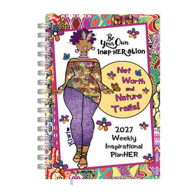 Net Worth and Nature Trails 2027 Weekly Inspirational Planner by Kiwi McDowell (Main) - A spiral-bound 2027 Weekly Inspirational Planner with a vibrant, multicolored cover illustration featuring a stylized woman and the text 'Be Your Own inep-HERation Net Worth and Nature Traits!'.