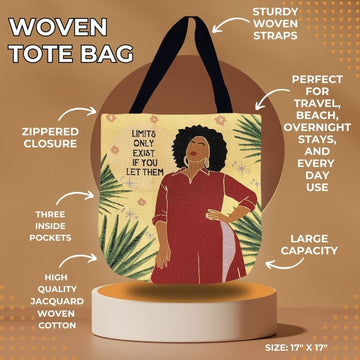 No Limits: African American Woven Tote Bag by Janine Robinson (Infographic) - Woven tote bag with a woman illustration on a brown background, featuring text about the bag's features.
