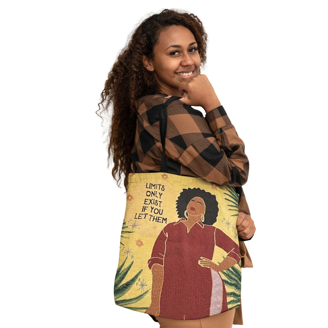 No Limits: African American Woven Tote Bag by Janine Robinson (Lifestyle 2) - Woman wearing a skirt with an illustration and text on a white background