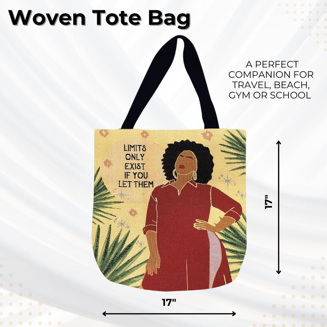 No Limits: African American Woven Tote Bag by Janine Robinson (Sizing Guide) - Woven tote bag with a design of a woman and text, on a white background.