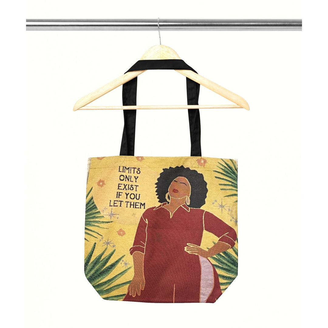 No Limits: African American Woven Tote Bag by Janine Robinson (Storage) - Tote bag with a design of a woman and motivational quote on a hanger against a white background