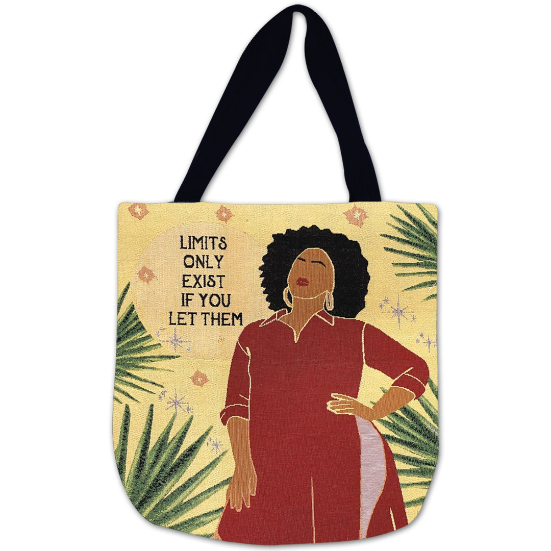 No Limits: African American Woven Tote Bag by Janine Robinson (Main) - Tote bag with an illustration of a woman and motivational quote on a yellow background
