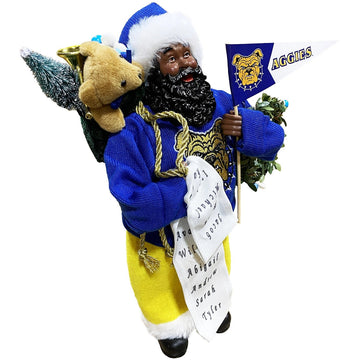 Angled view of NC A&T Santa figurine with teddy bear, gold horn and name list