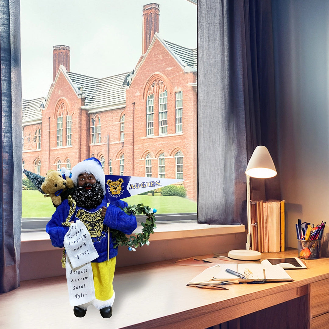 NC A&T Aggies Black Santa Claus figurine on a desk by a campus window
