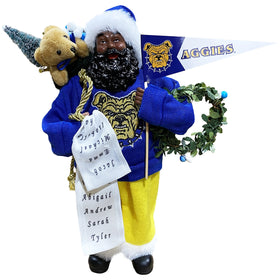 NC A&T Aggies Proud Santa figurine in blue bulldog sweater with AGGIES pennant