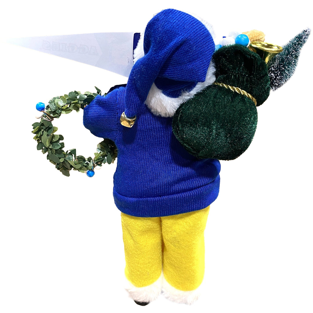 Back of NC A&T Santa figurine showing blue cap, gold bell and green velvet sack