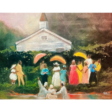 Old Fashion Baptism by Ted Ellis - An impressionistic painting of a small white church with a steeple, surrounded by people standing by a body of water. Several figures hold orange, yellow, and pink umbrellas, and the scene is rendered in soft green, brown, beige, and blue tones.