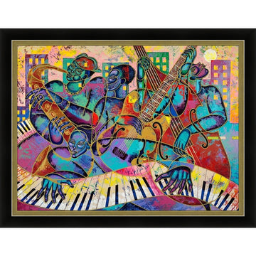 On the Main Stage by Larry "Poncho" Brown (Black and Gold Frame) - Colorful abstract artwork of musicians playing instruments on a cityscape background.