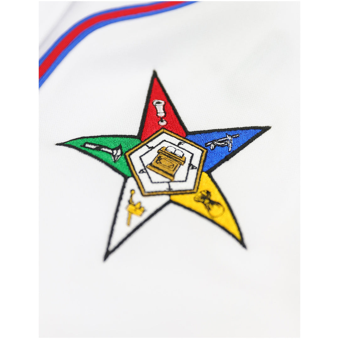 Order of the Eastern Star Baseball Jersey by Big Boy Headgear (Front, Detail 2) - Eastern Star five-point crest with heroine colors on white OES jersey