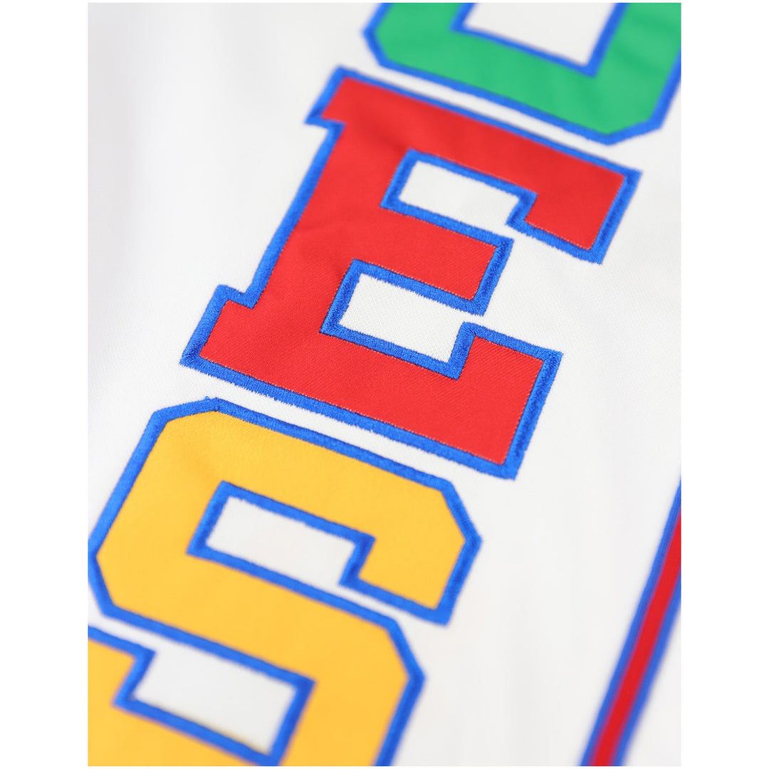 Order of the Eastern Star Baseball Jersey by Big Boy Headgear (Front, Detail) - Colorful OES block letters on white Order of the Eastern Star jersey
