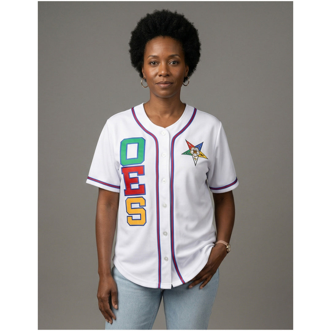 Order of the Eastern Star Baseball Jersey by Big Boy Headgear (Lifestyle, Front) - Woman wearing white Order of the Eastern Star OES baseball jersey