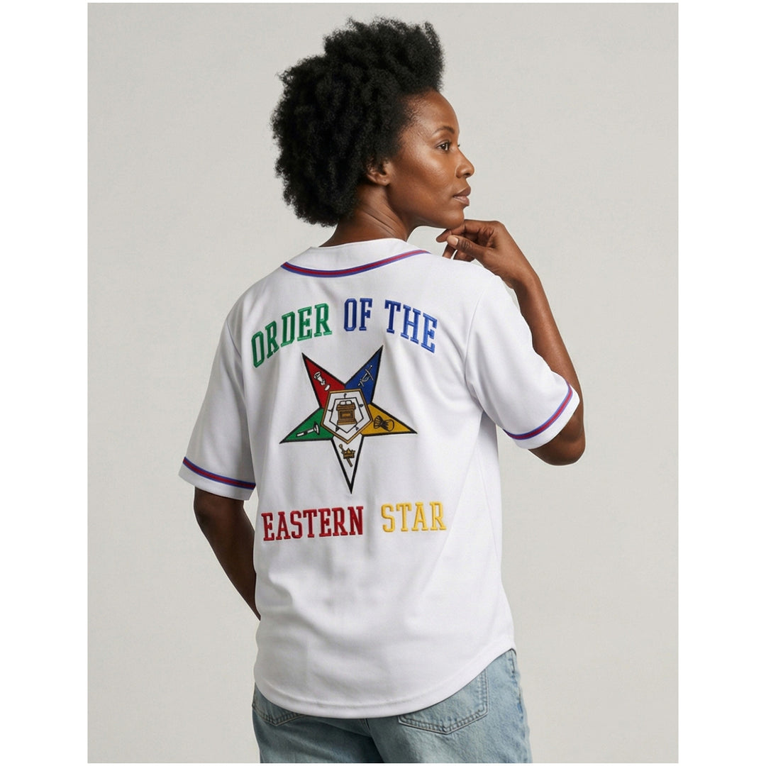 Order of the Eastern Star Baseball Jersey by Big Boy Headgear (Lifestyle, Rear) - Model in Eastern Star jersey showing Order of the Eastern Star back crest