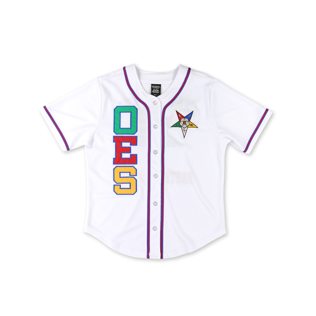 Order of the Eastern Star Baseball Jersey by Big Boy Headgear (Main, Front) - Order of the Eastern Star white baseball jersey with OES star crest, front