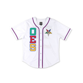 Order of the Eastern Star Baseball Jersey by Big Boy Headgear (Main, Front) - Order of the Eastern Star white baseball jersey with OES star crest, front