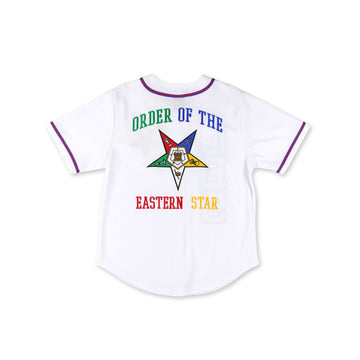 Order of the Eastern Star Baseball Jersey by Big Boy Headgear (Main, Rear) - Order of the Eastern Star jersey back with five-point star emblem, white