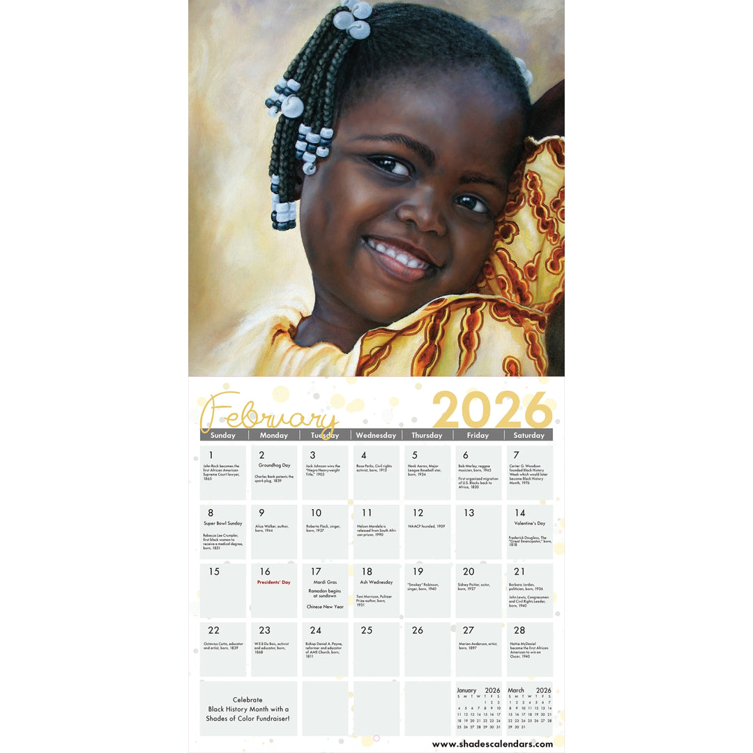 Our Children, Our Hope by Dora Alis: 2026 African American Calendar (Inside 2) - Calendar for February 2026 featuring a young girl with braids, on a white background.