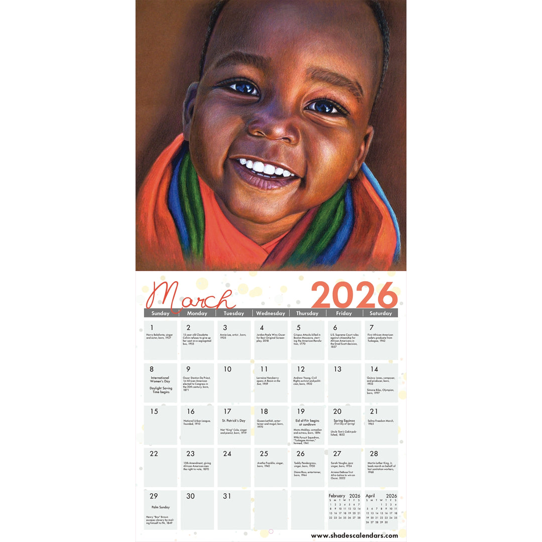 Our Children, Our Hope by Dora Alis: 2026 African American Calendar (Inside 3) - Calendar for March 2026 featuring a painting of a child on a white background