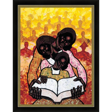 Our Story by Larry "Poncho" Brown (Black and Gold Frame) - Artistic depiction of a family reading a book against a vibrant background