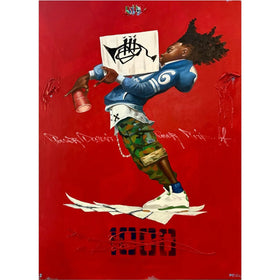Paper Jam by Frank Morrison (Main) - A stylized street art print or painting featuring a person in a blue jacket and camouflage shorts holding a paint can against a bold red background, with graffiti-style markings and the number 1000 near the bottom.