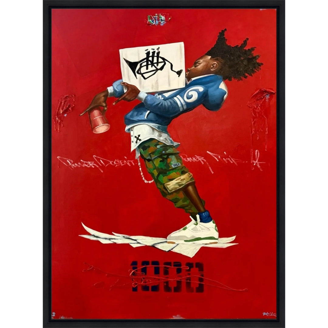 Paper Jam by Frank Morrison (Black Frame) - A framed art print featuring a stylized illustration of a person in a blue jacket and camouflage pants holding a paint can against a bold red background, with graffiti-style markings and the number 1000 at the bottom.