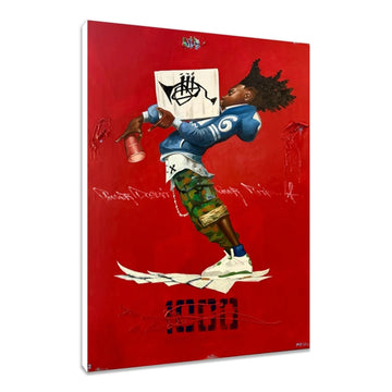 Paper Jam by Frank Morrison (Stretched Canvas) - A vertical canvas wall art print featuring a stylized street-art illustration of a person in a blue and white jacket, camouflage pants, and white sneakers against a bold red background, shown at a slight angle on a white studio background.