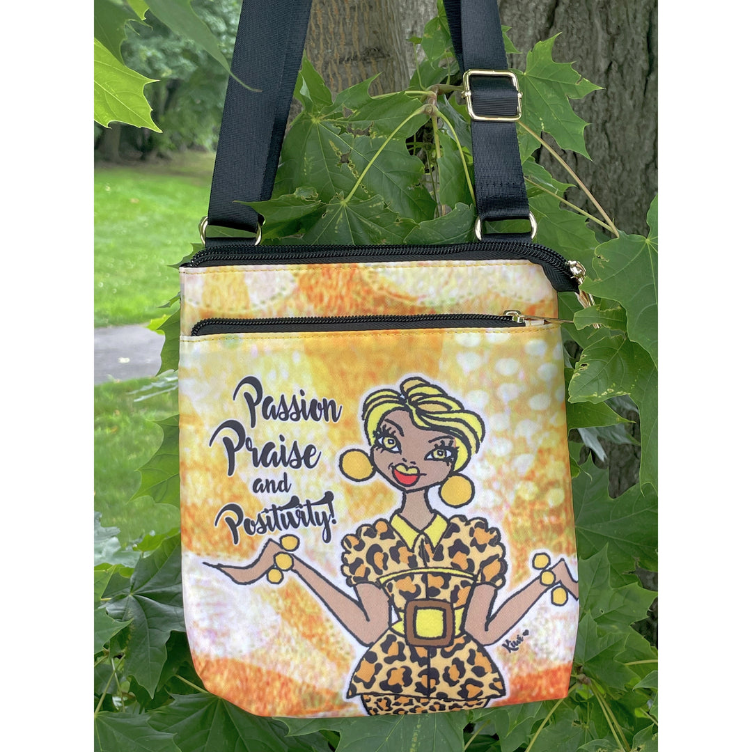 Passion, Praise and Positivity by Kiwi McDowell: African American Crossbody Travel Purse (Lifestyle 2)
