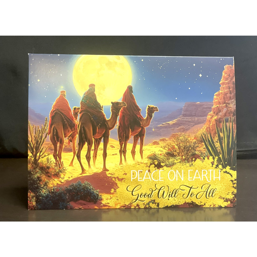 Peace on Earth (The Wisemen): African American Christmas Card Box Set (Lifestyle, Exterior II) - Card with three wise men on camels and a bright star in the sky, with 'Peace on Earth, Good Will to All' text.
