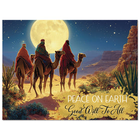 Peace on Earth (The Wisemen): African American Christmas Card Box Set (Main) - Three wise men on camels in a desert landscape with a large moon, featuring the text 'Peace on Earth, Good Will to All'.