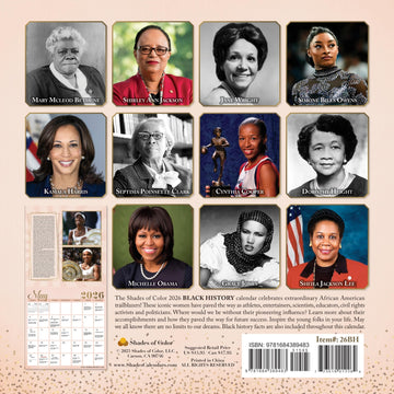 Phenomenal African American Women: 2026 Black History Wall Calendar (Back) - Calendar cover featuring portraits of influential African American women with a beige background.