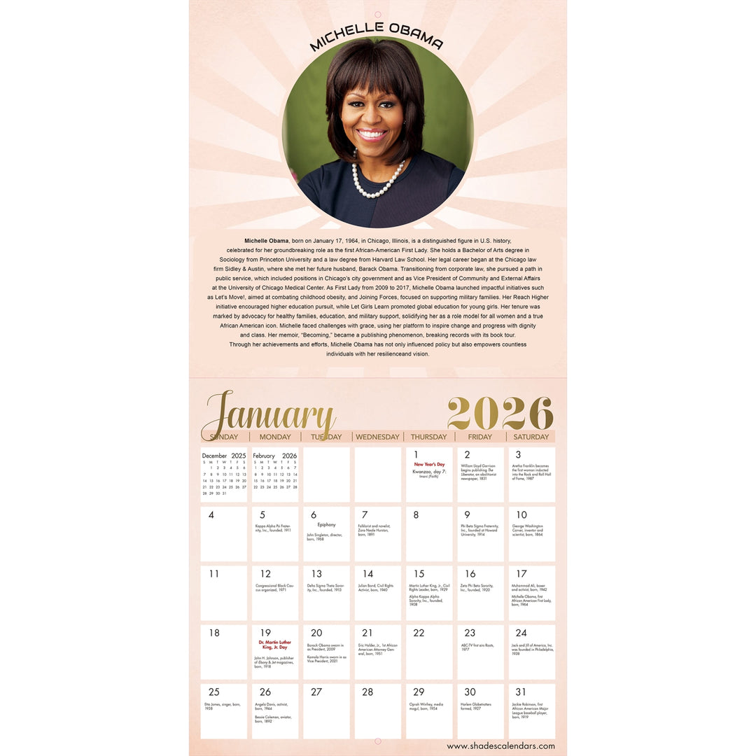 Phenomenal African American Women: 2026 Black History Wall Calendar (Inside) - Calendar for January 2026 featuring a portrait of Michelle Obama on a light pink background.