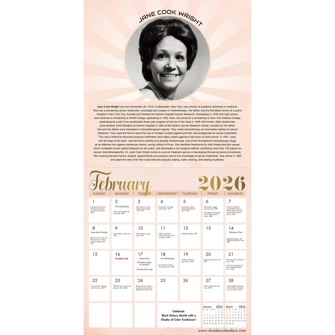 Phenomenal African American Women: 2026 Black History Wall Calendar (Inside 2) - Calendar page for February 2026 featuring a portrait of Jane Cook Wright on a pink background.