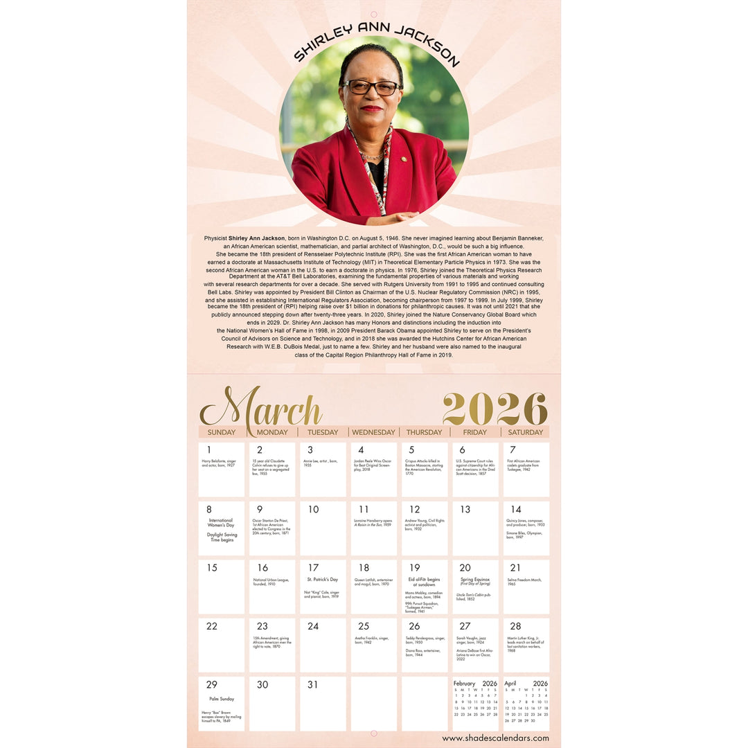 Phenomenal African American Women: 2026 Black History Wall Calendar (Inside 3) - Calendar for March 2026 with a portrait of Shirley Ann Jackson on a light pink background.