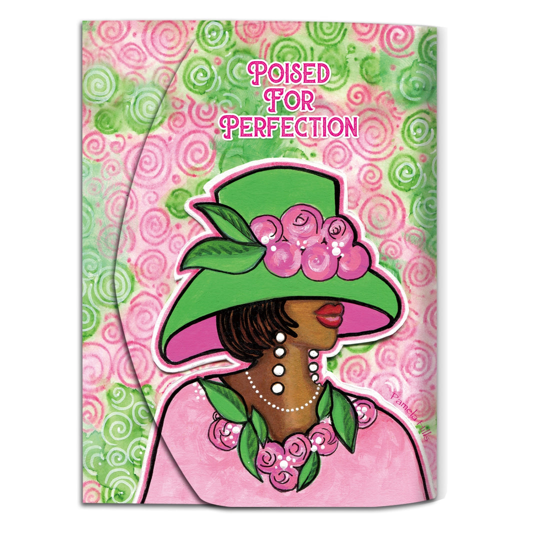 Poised for Perfection (Alpha Kappa Alpha) Stylus Purse Pal by Pamela Hills (Main) - Product packaging with a stylized illustration of a woman wearing a green hat and pink dress on a pink and green patterned background.