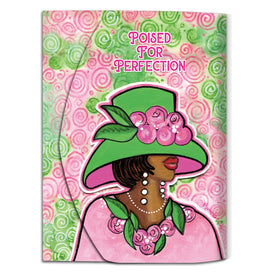 Poised for Perfection (Alpha Kappa Alpha) Stylus Purse Pal by Pamela Hills (Main) - Product packaging with a stylized illustration of a woman wearing a green hat and pink dress on a pink and green patterned background.