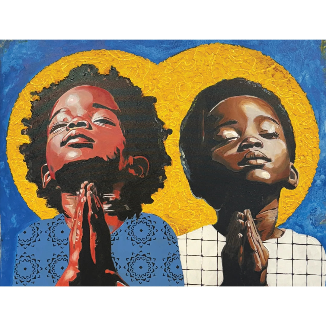 Prayers of the Innocent by Alannah Vincent: Black Art Jigsaw Puzzle (Artwork) - Artistic depiction of two children with a yellow heart-shaped background