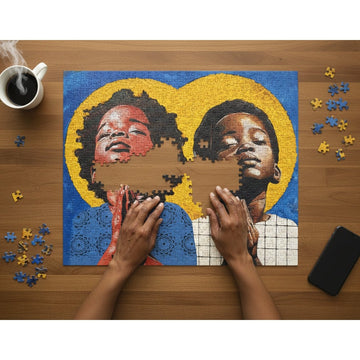 Prayers of the Innocent by Alannah Vincent: Black Art Jigsaw Puzzle (Assembly Mock Up) - Jigsaw puzzle of two children with a completed section, surrounded by scattered pieces on a wooden table.