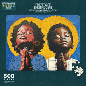 Prayers of the Innocent by Alannah Vincent: Black Art Jigsaw Puzzle (Main) - Jigsaw puzzle packaging featuring two illustrated children praying with a blue and yellow background.