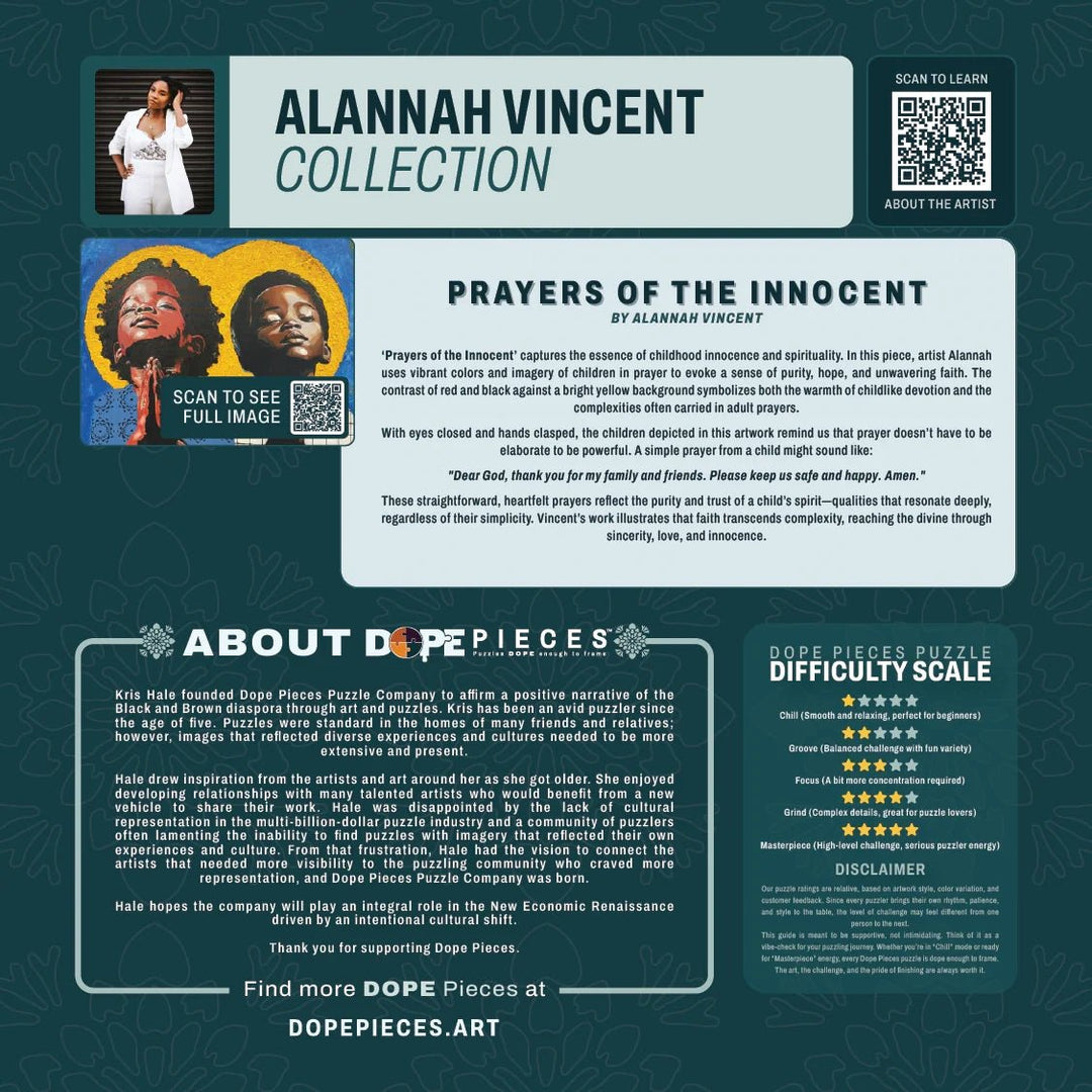 Prayers of the Innocent by Alannah Vincent: Black Art Jigsaw Puzzle (Rear) - Promotional graphic for Alannah Vincent's 'Prayers of the Innocent' artwork with text and QR codes.