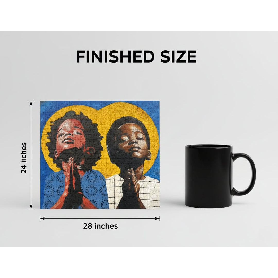 Prayers of the Innocent by Alannah Vincent: Black Art Jigsaw Puzzle (Sizing Guide) - Art print of two children with a black mug on a light gray background