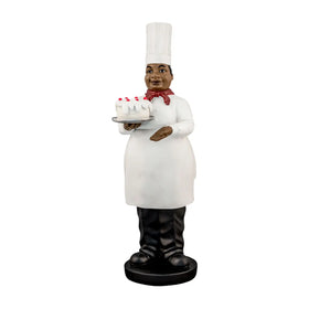 Presenting Desert: African American Chef Figurine (Main) - Statue of a chef holding a cake on a white background