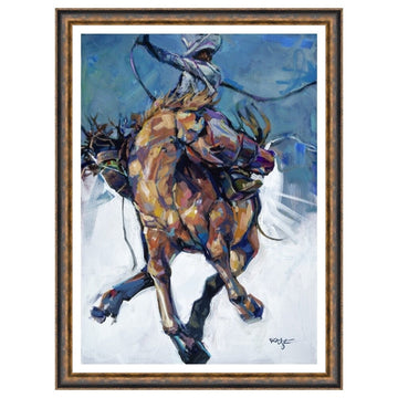 Pulling the Reins by Robert Jackson (Mottled Gold and Brown Frame) - Framed painting of a horse and rider in action with a blue and white background