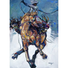 Pulling the Reins by Robert Jackson (Unframed) - Artistic depiction of a person riding a bucking horse with a blue and white background