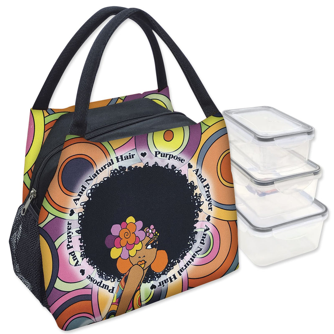 Purpose, Prayer and Natural Hair Insulated Lunch Bag Set with Food Containers