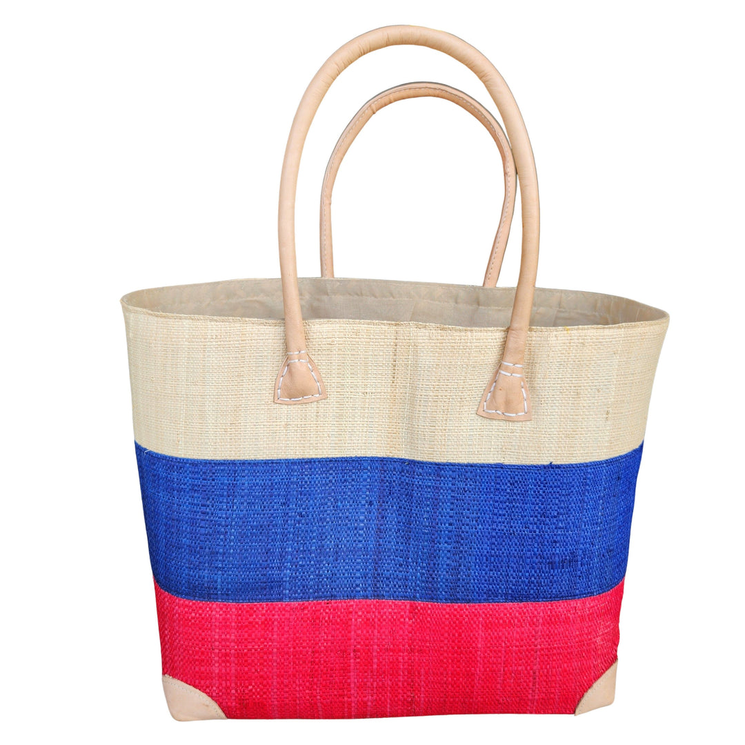 Ravelo: Authentic Madagascar Raffia and Leather Tote Bag (Red-Natural-Blue, Front View)