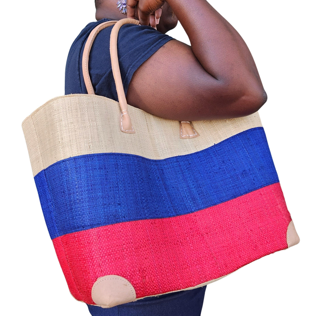 Ravelo: Authentic Madagascar Raffia and Leather Tote Bag (Red-Natural-Blue, Large)
