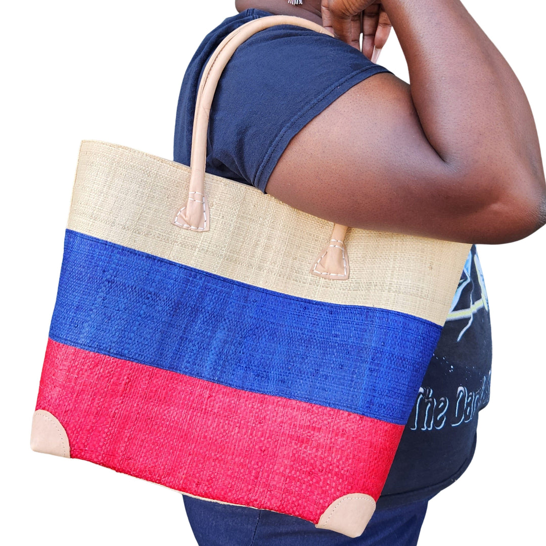 Ravelo: Authentic Madagascar Raffia and Leather Tote Bag (Red-Natural-Blue, Medium)