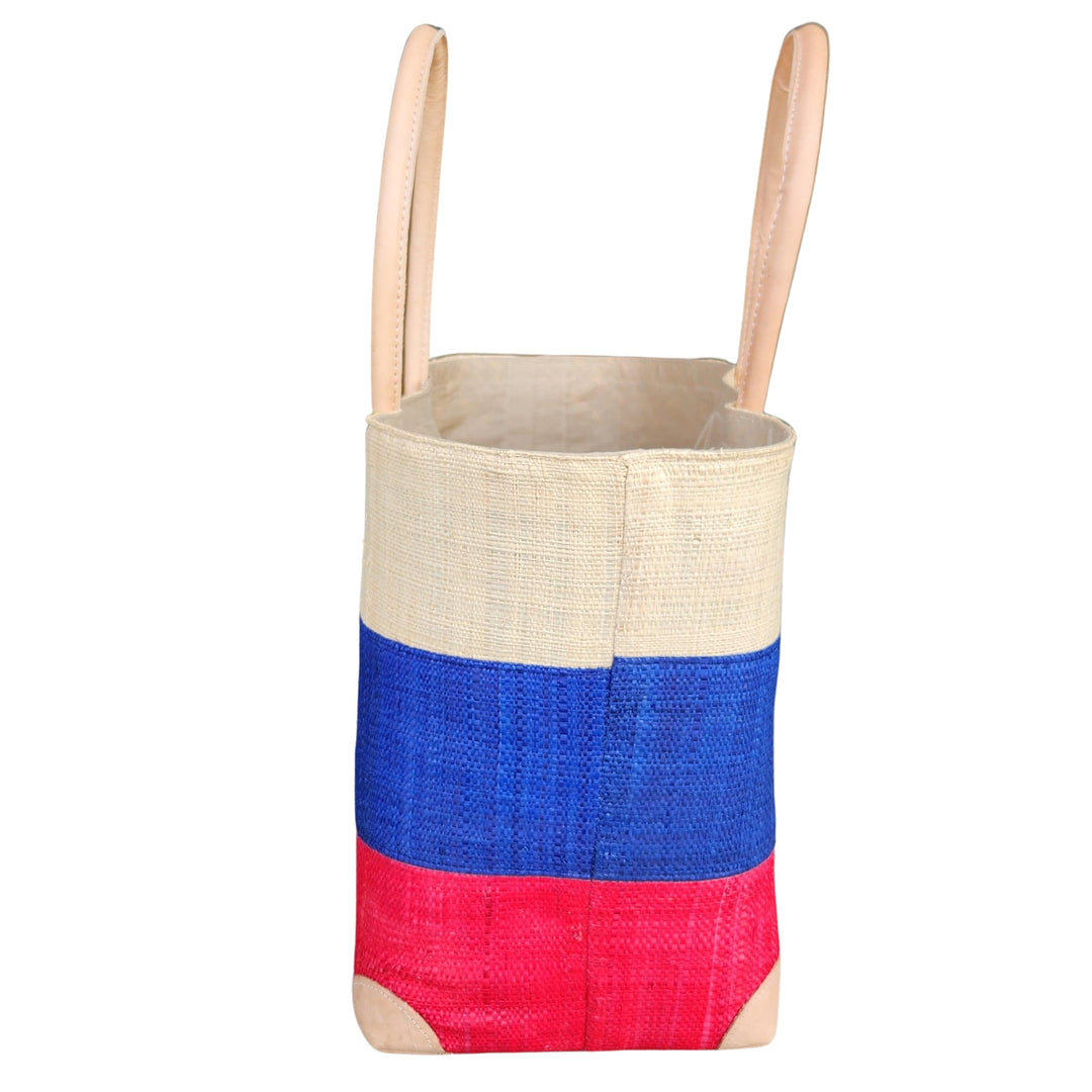 Ravelo: Authentic Madagascar Raffia and Leather Tote Bag (Red-Natural-Blue, Side View)