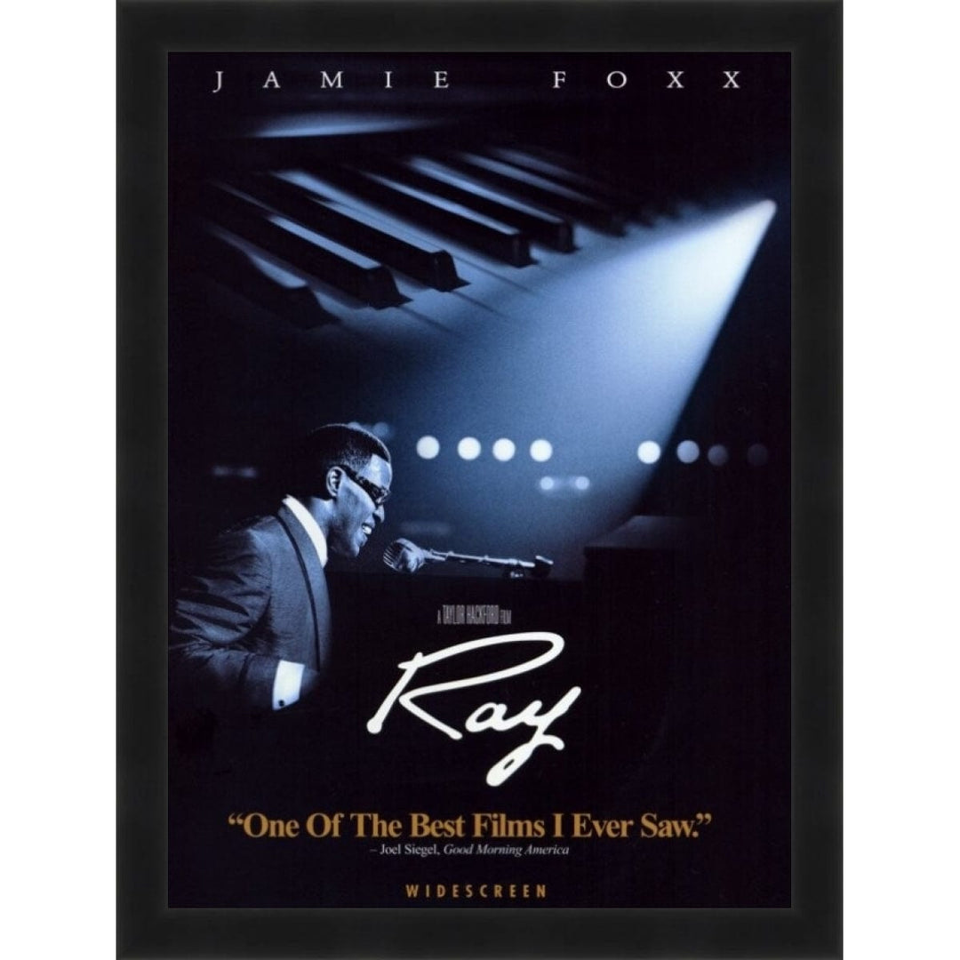 Ray movie poster featuring Jamie Foxx at piano under dramatic stage lighting (Black Frame)