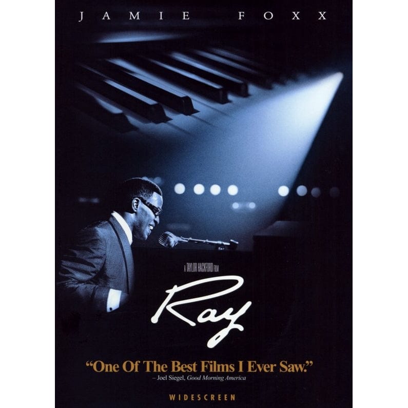Ray movie poster featuring Jamie Foxx at piano under dramatic stage lighting