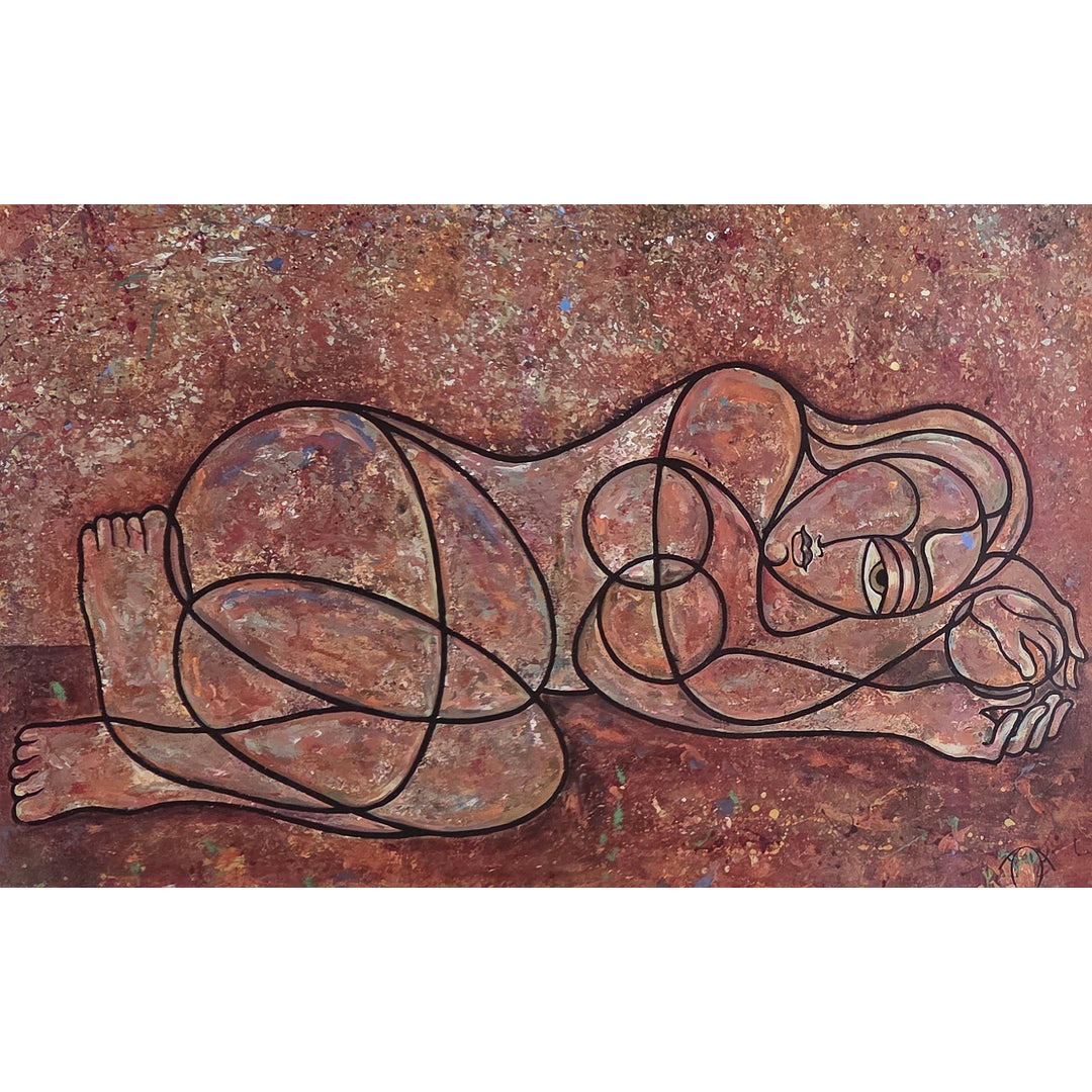 Reclining Female by Anthony Armstrong - Abstract artwork of a reclining figure on a textured brown background